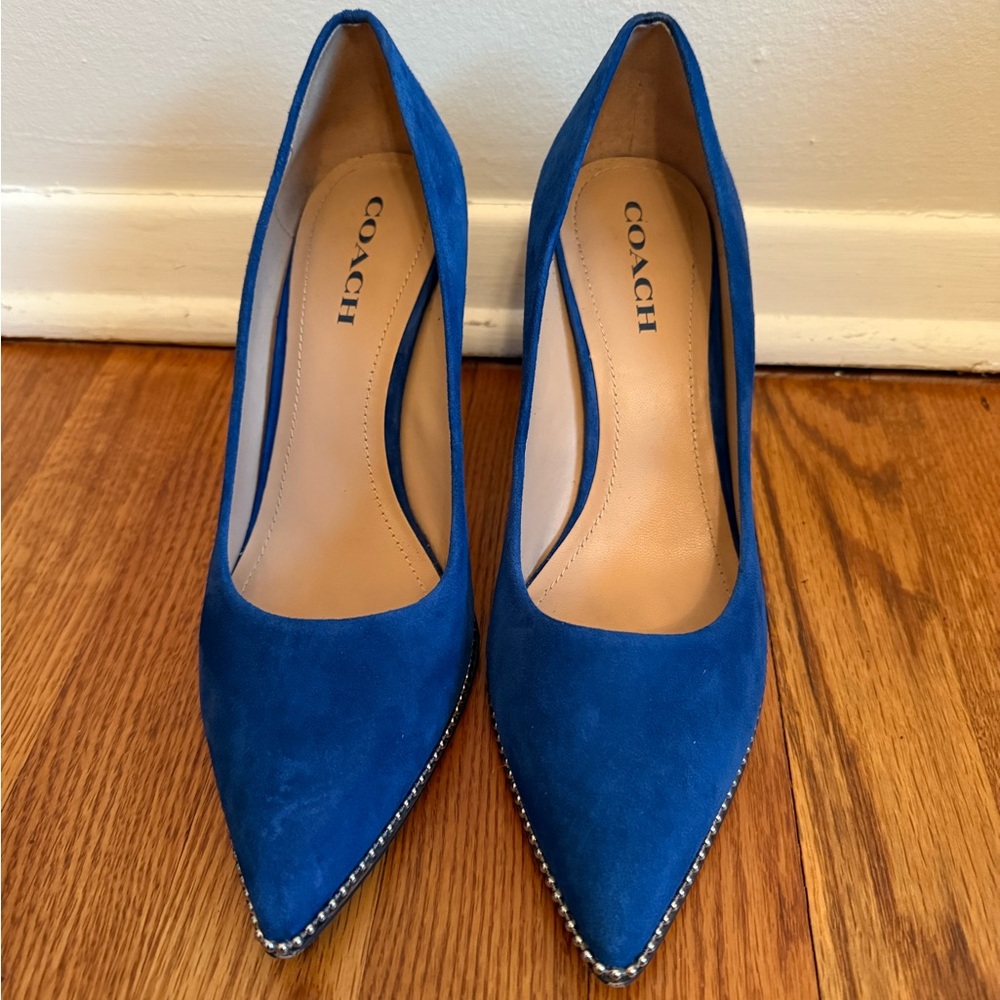 Coach Waverly Suede Blue Chain Pumps